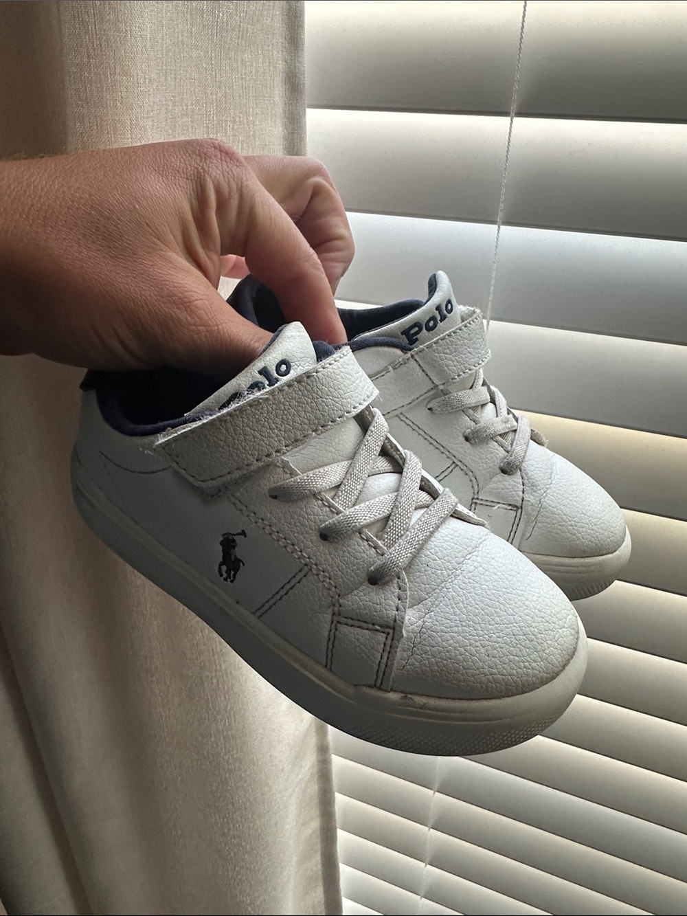 Polo by Ralph Lauren White Kids Leather Sneakers with Navy Logo